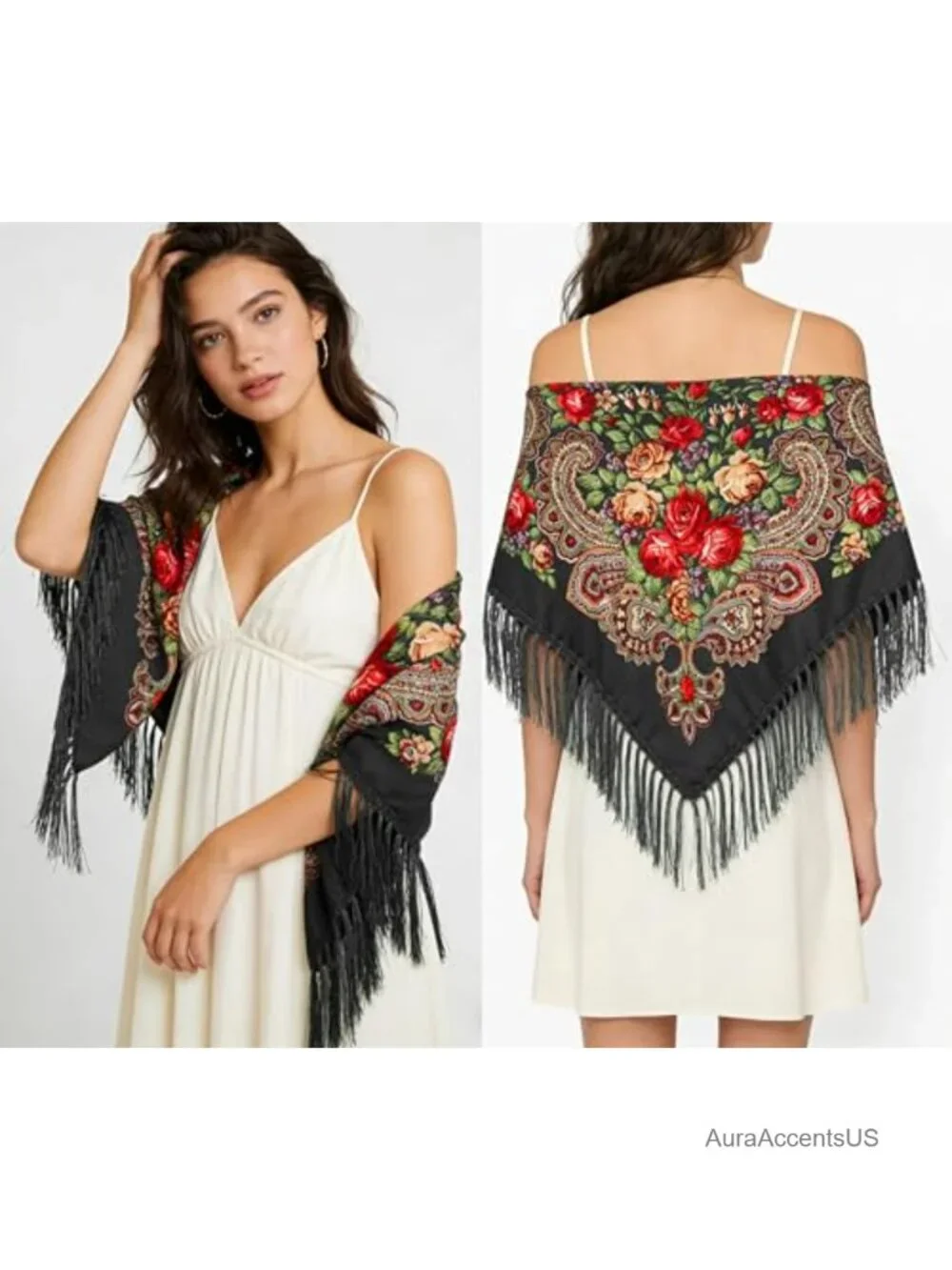 Traditional Folk Scarf Shawl Wrap with Tassel Fringe Lightweight Cotton Blend